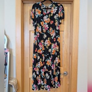 Floral Maxi Dress in Black with Orange and Pink Accents